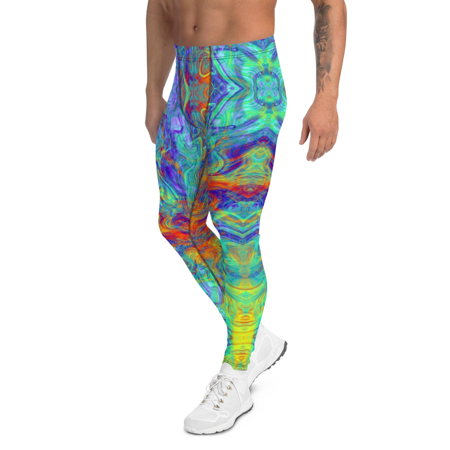 Men's all-over print leggings with white background, full-back view alternate angle.