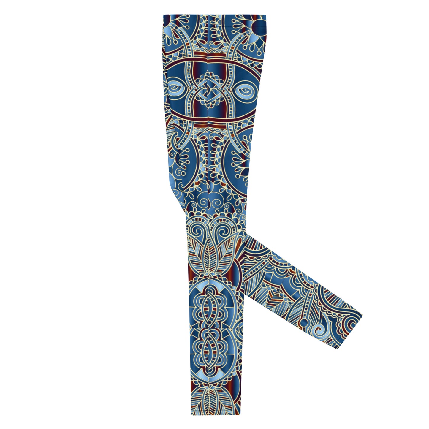 Men's all-over print leggings with white background, right-side view alternate angle.