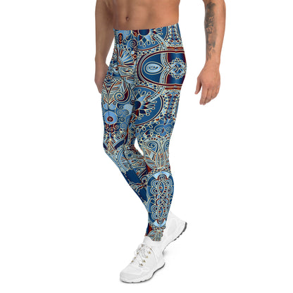 Men's all-over print leggings with white background, left-side view alternate angle.