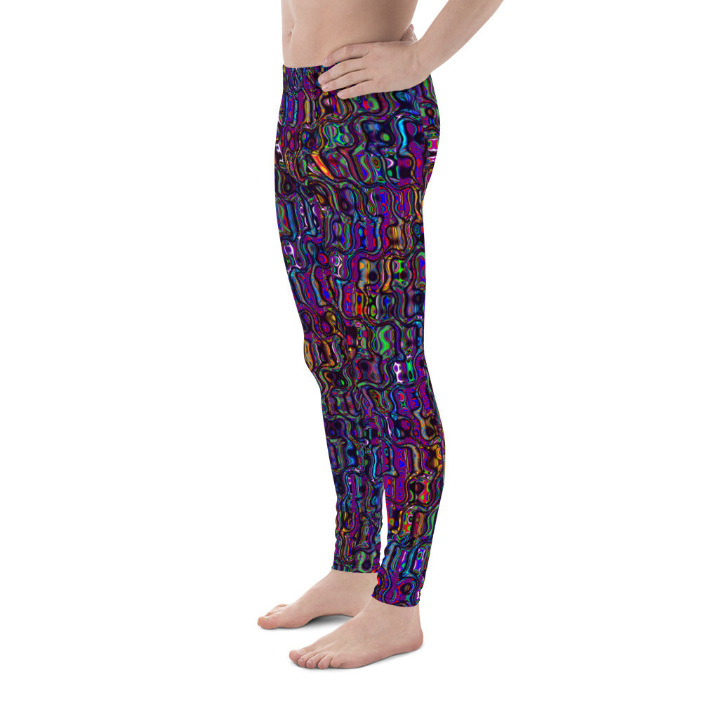 Men's all-over print leggings with white background, left-side view alternate angle.