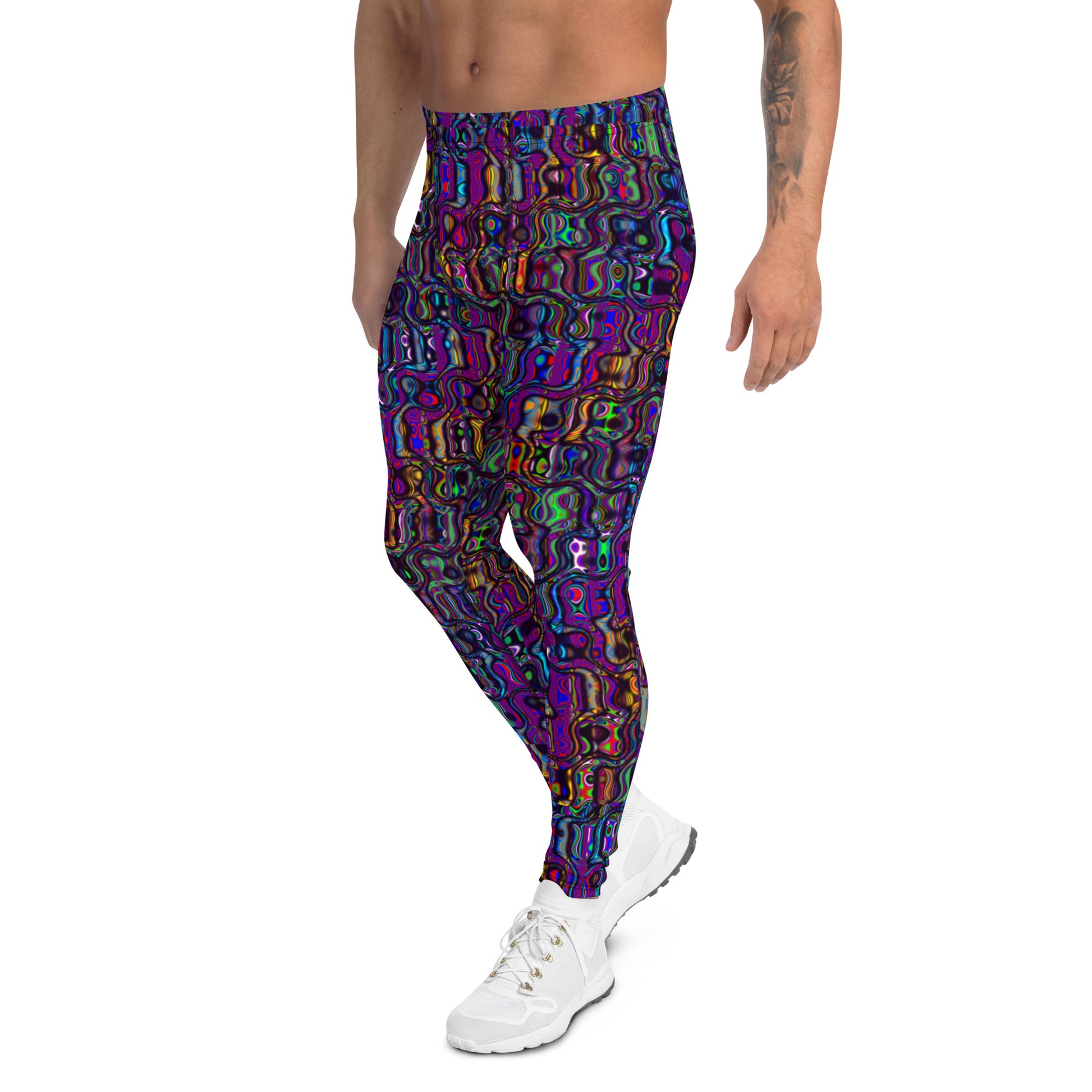 Men's all-over print leggings with white background, full-back view.