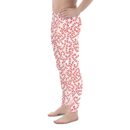 Men's all-over print leggings with white background, left-side view alternate angle.