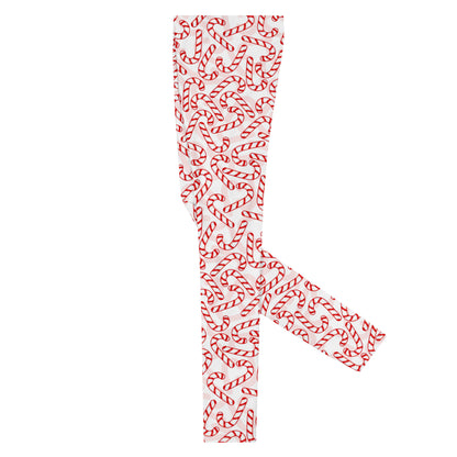 Men's all-over print leggings with white background, right-side view alternate angle.