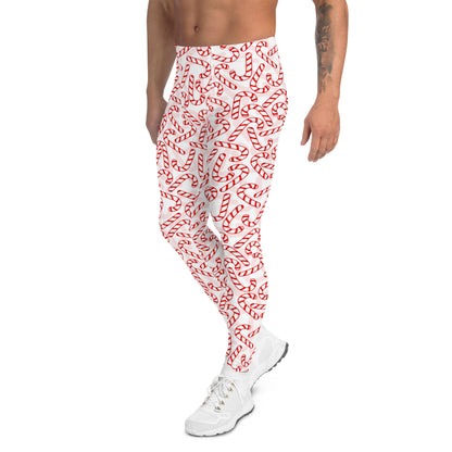 Men's all-over print leggings with white background, full-back view alternate angle.