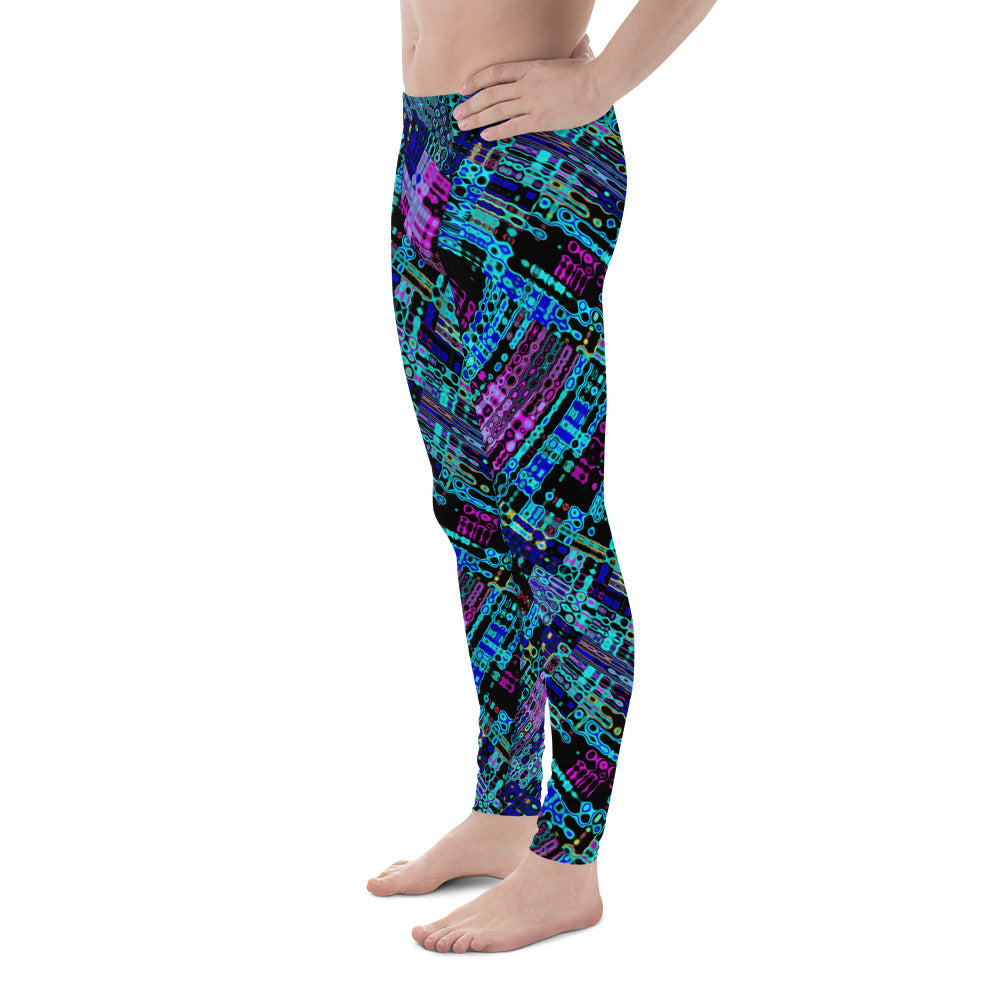 Men's all-over print leggings with white background, left-side view alternate angle.