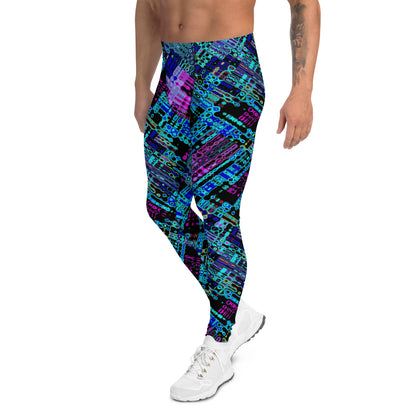 Men's all-over print leggings with white background, full-back view alternate angle.