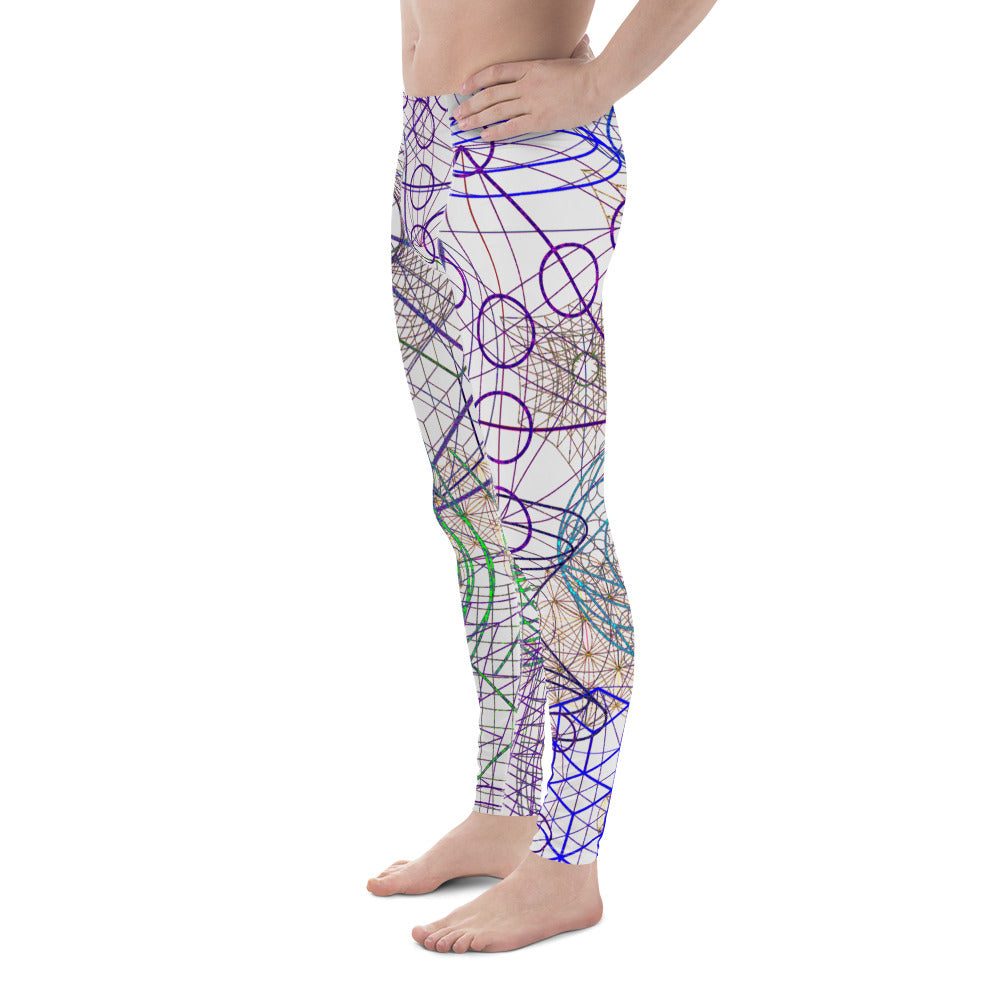 Men's all-over print leggings with white background, right-side view alternate angle.