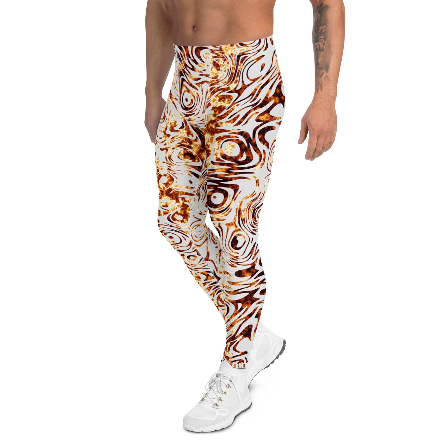 Men's all-over print leggings with white background, full-back view alternate angle.