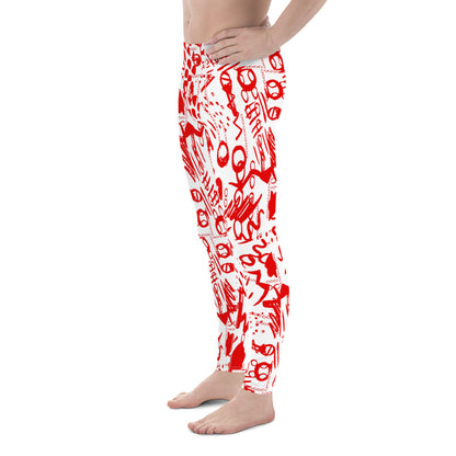 Men's all-over print leggings with white background, full-back view alternate angle.