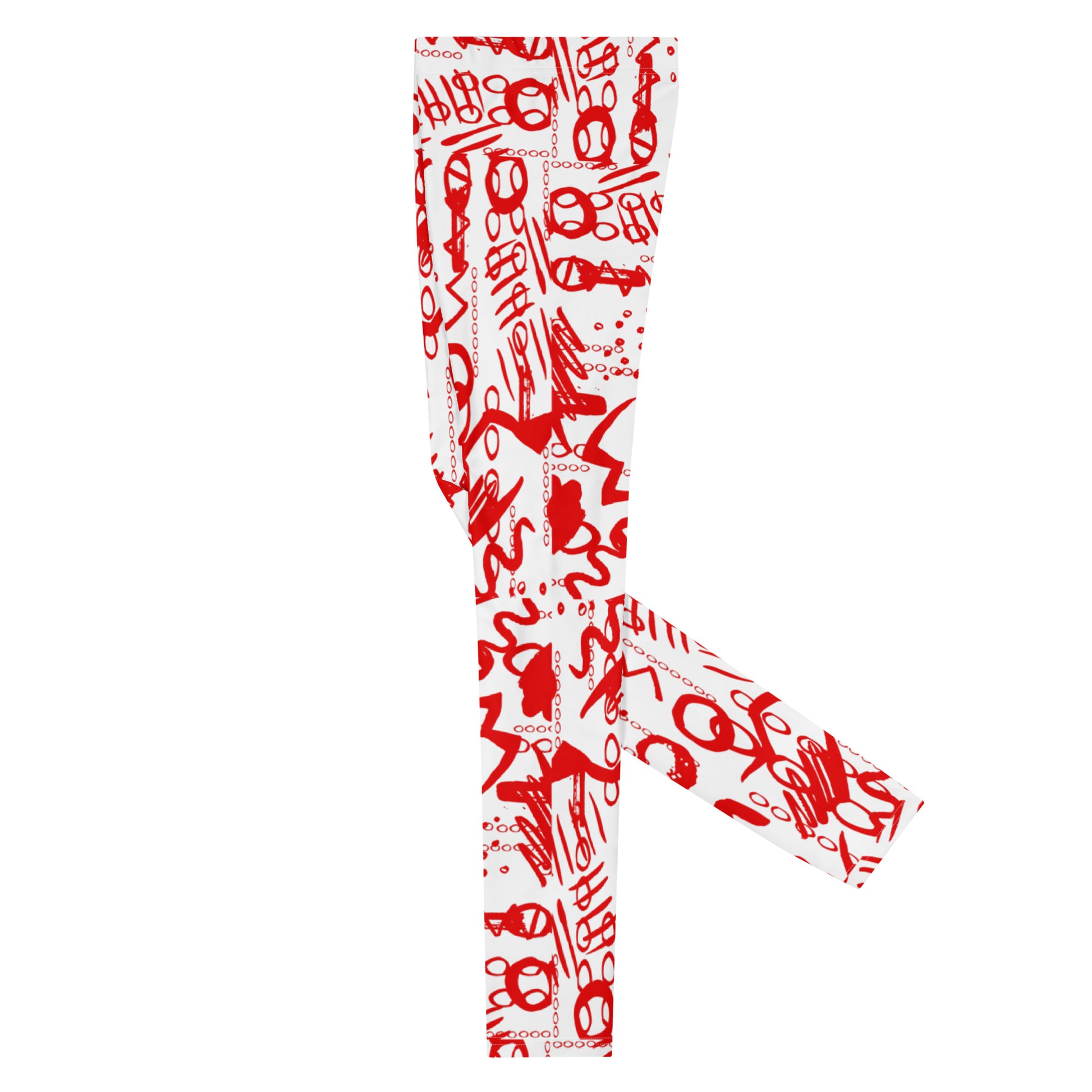 Men's all-over print leggings with white background, right-side view alternate angle.