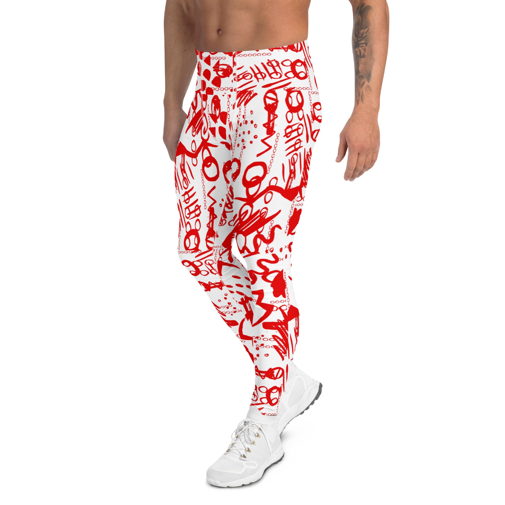 Men's all-over print leggings with white background, left-side view alternate angle.