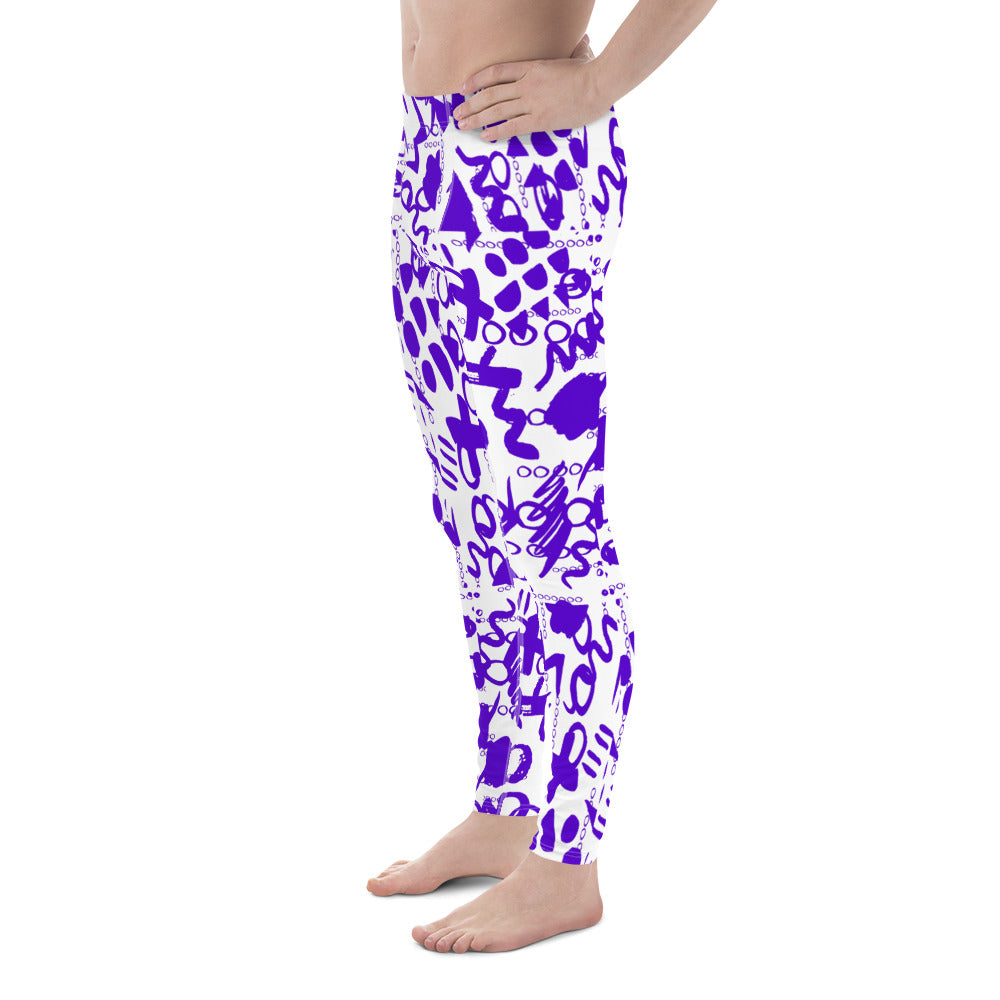 Men's all-over print leggings with white background, right-side view alternate angle.