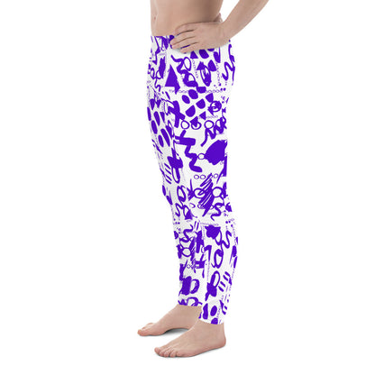 Men's all-over print leggings with white background, right-side view alternate angle.