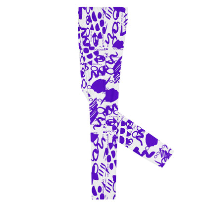 Men's all-over print leggings with white background, left-side view alternate angle.