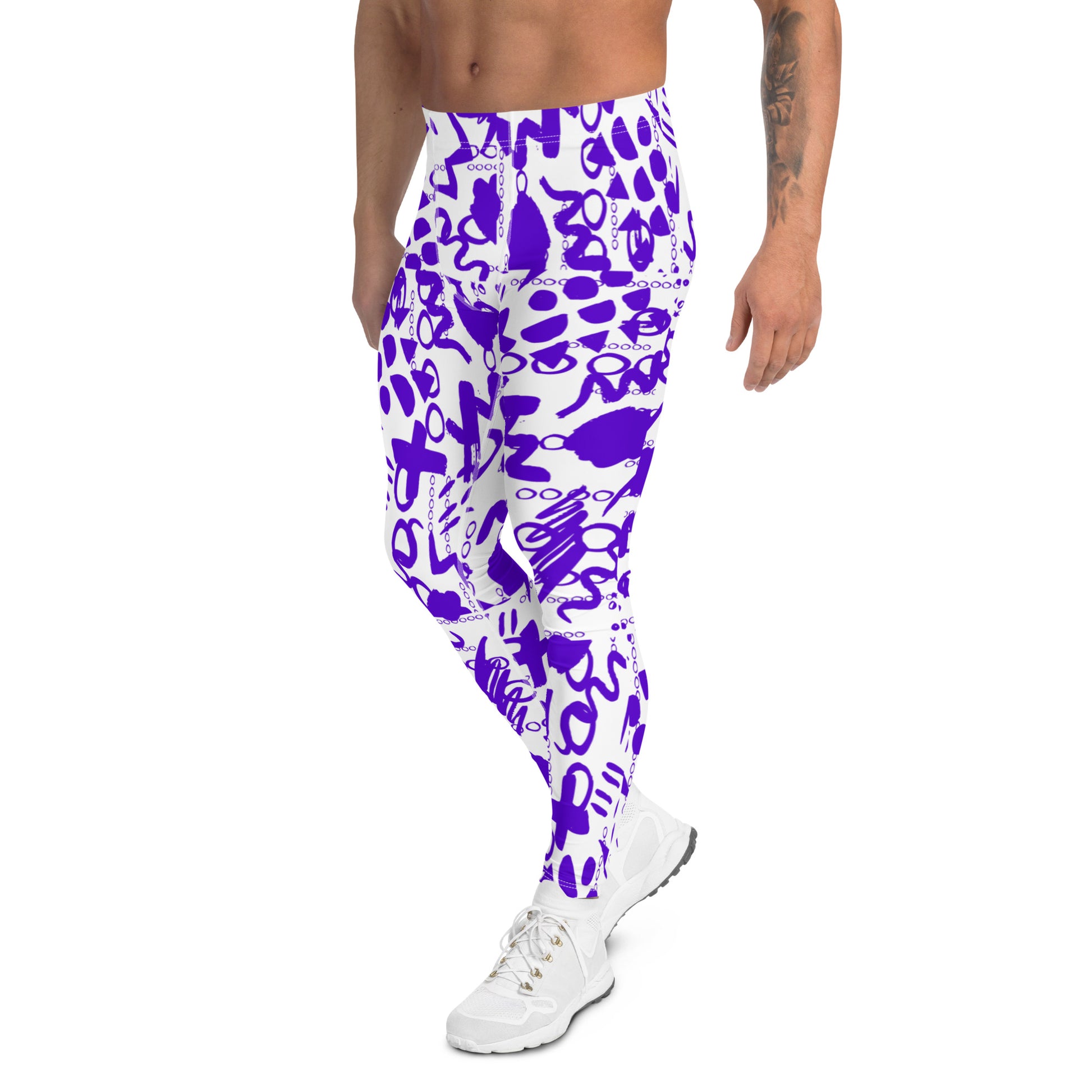 Men's all-over print leggings with white background, full-back view alternate angle.