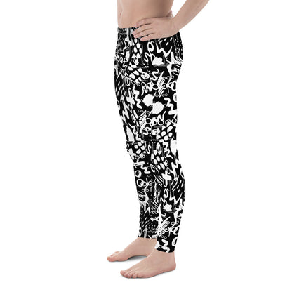 Men's all-over print leggings with white background, right-side view alternate angle.