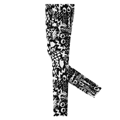 Men's all-over print leggings with white background, left-side view alternate angle.