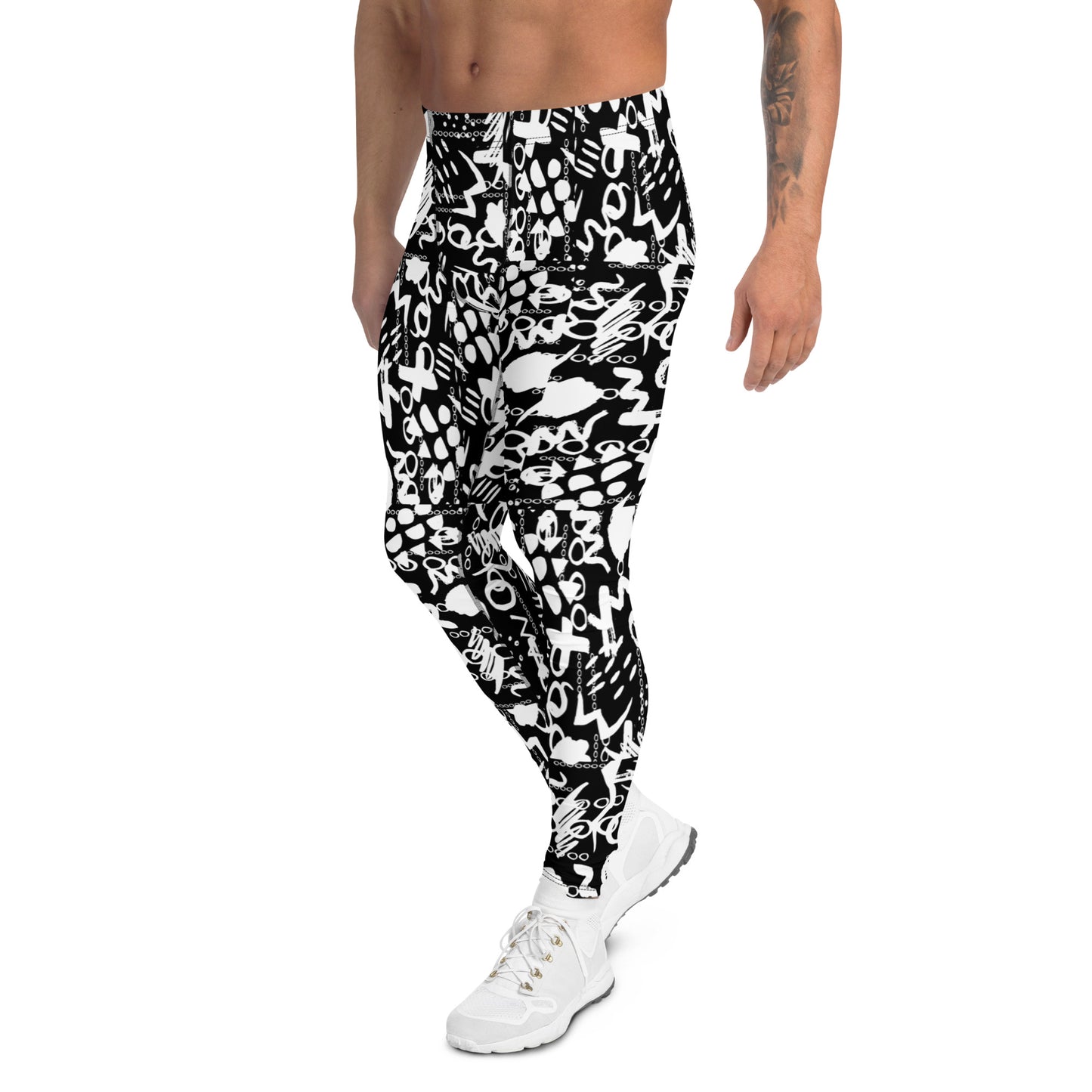 Men's all-over print leggings with white background, full-back view alternate angle.