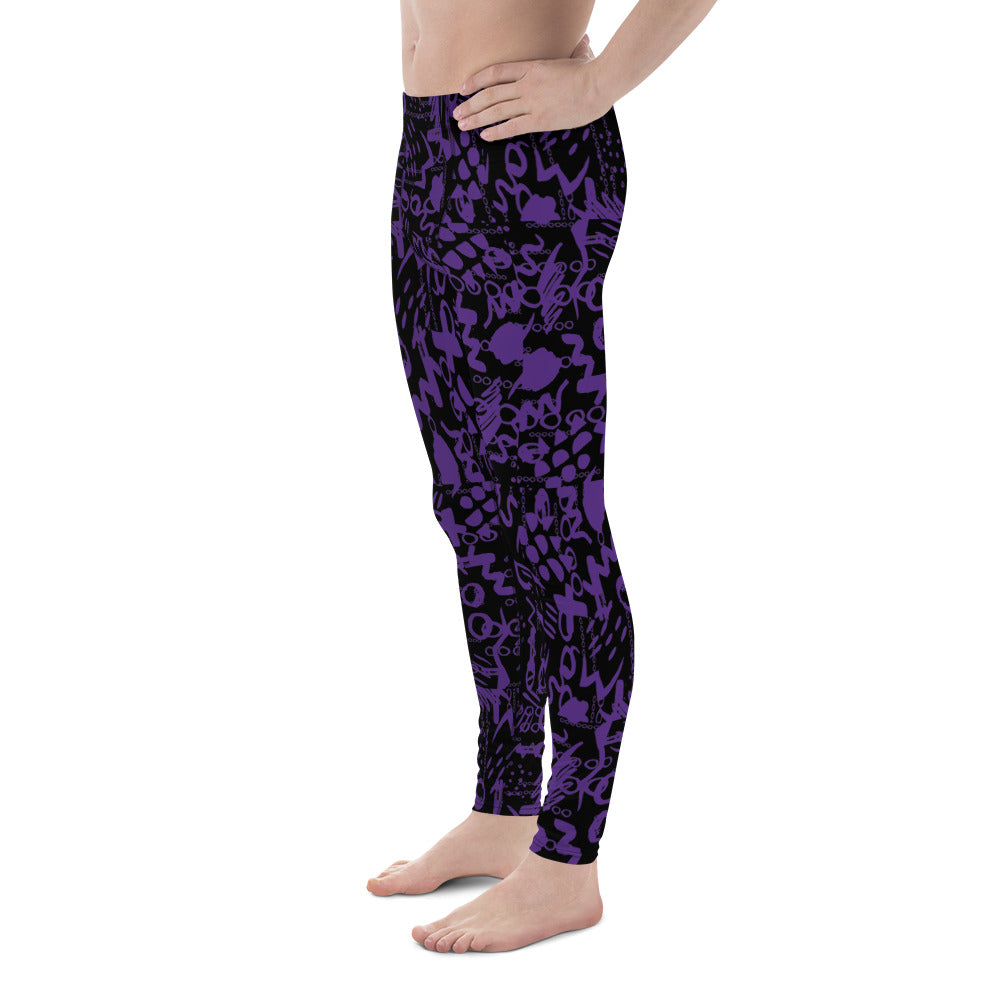 Men's all-over print leggings with white background, right-side view alternate angle.