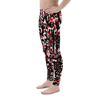 Men's all-over print leggings with white background, right-side view alternate angle.