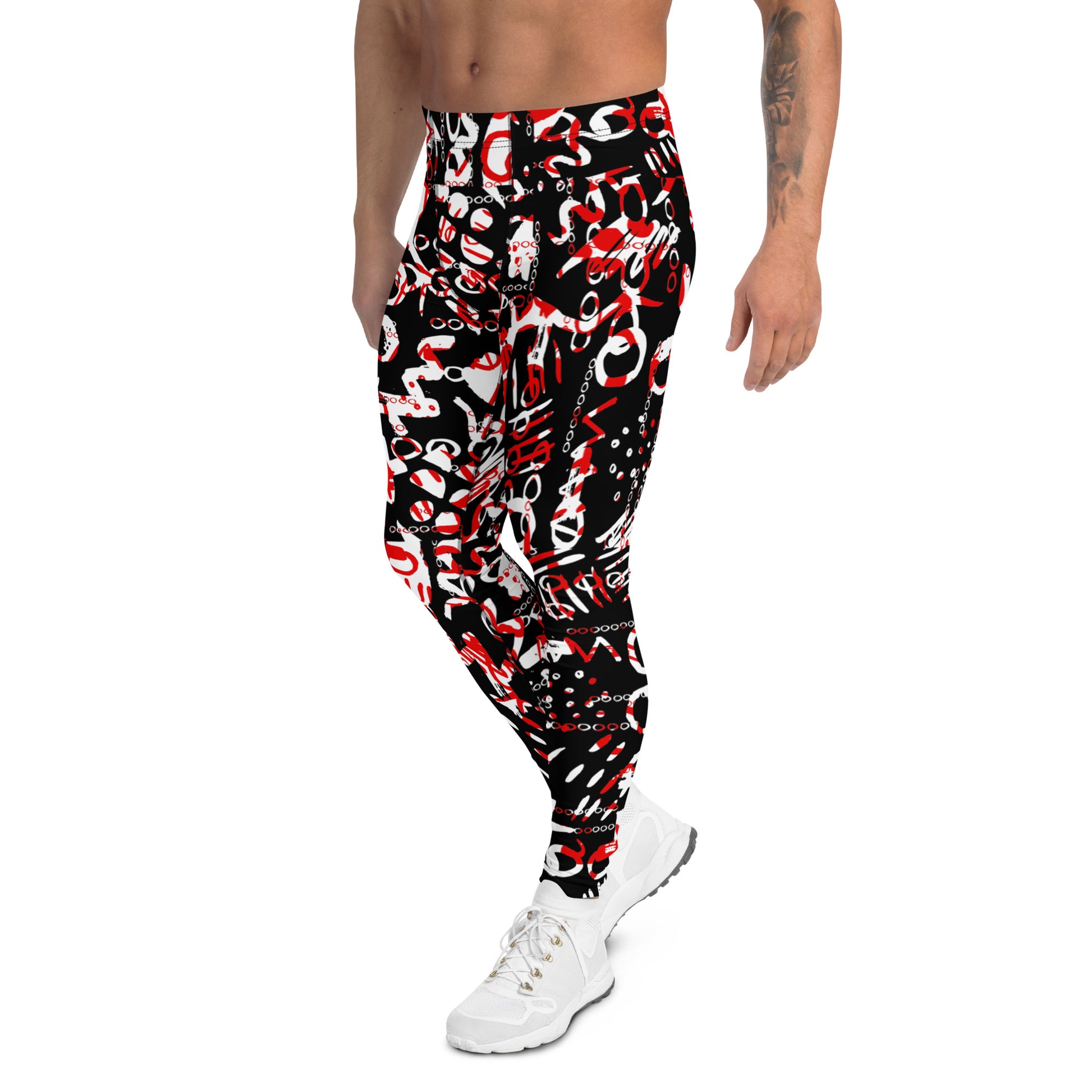 Men's all-over print leggings with white background, full-back view alternate angle.