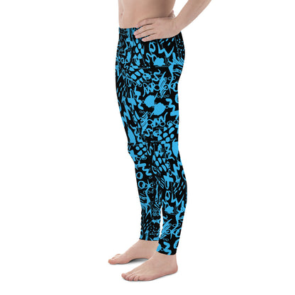 Men's all-over print leggings with white background, right-side view alternate angle.