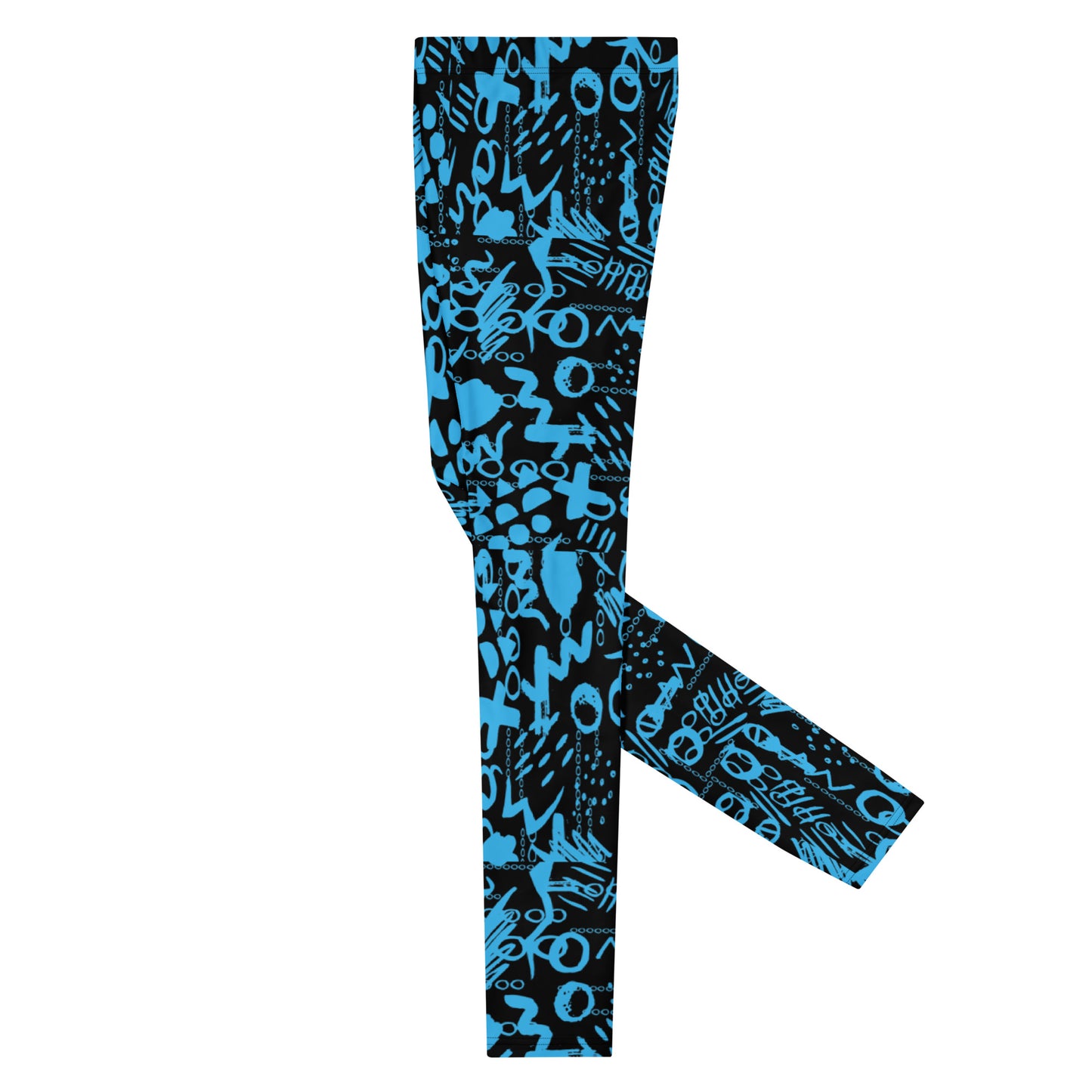 Men's all-over print leggings with white background, left-side view alternate angle.