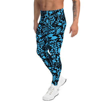 Men's all-over print leggings with white background, full-back view alternate angle.