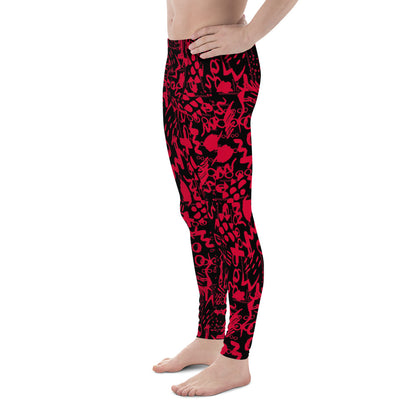 Men's all-over print leggings with white background, right-side view alternate angle.