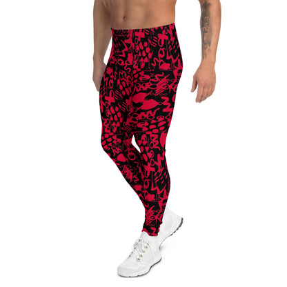 Men's all-over print leggings with white background, left-side view alternate angle.