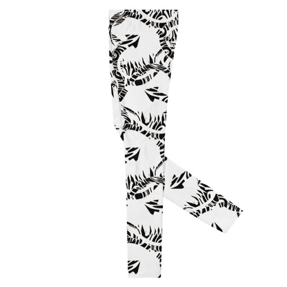 Men's all-over print leggings with white background, right-side view alternate angle.