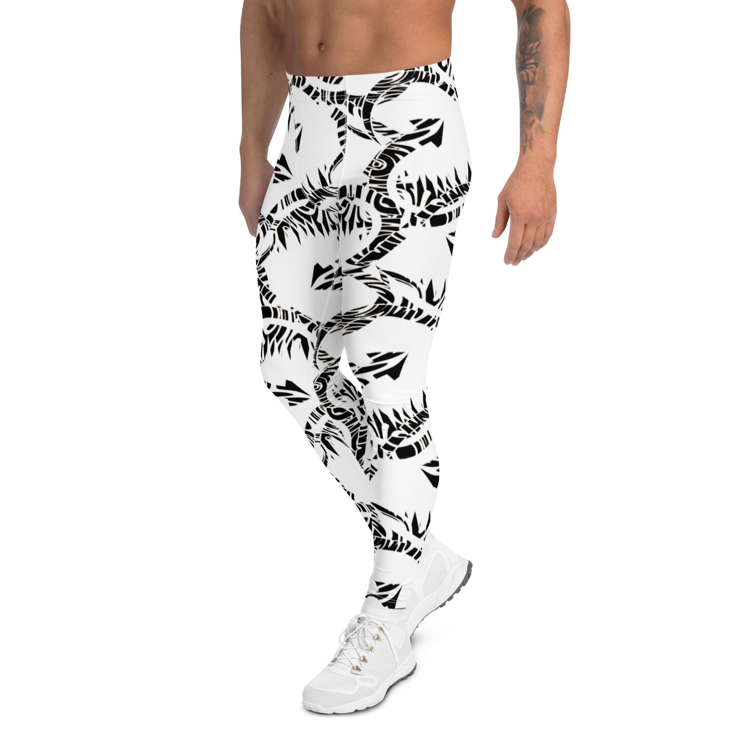 Men's all-over print leggings with white background, left-side view alternate angle.