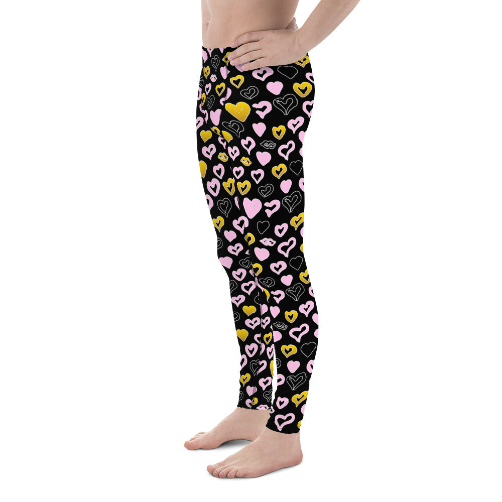 Men's all-over print leggings with white background, left-side view alternate angle.