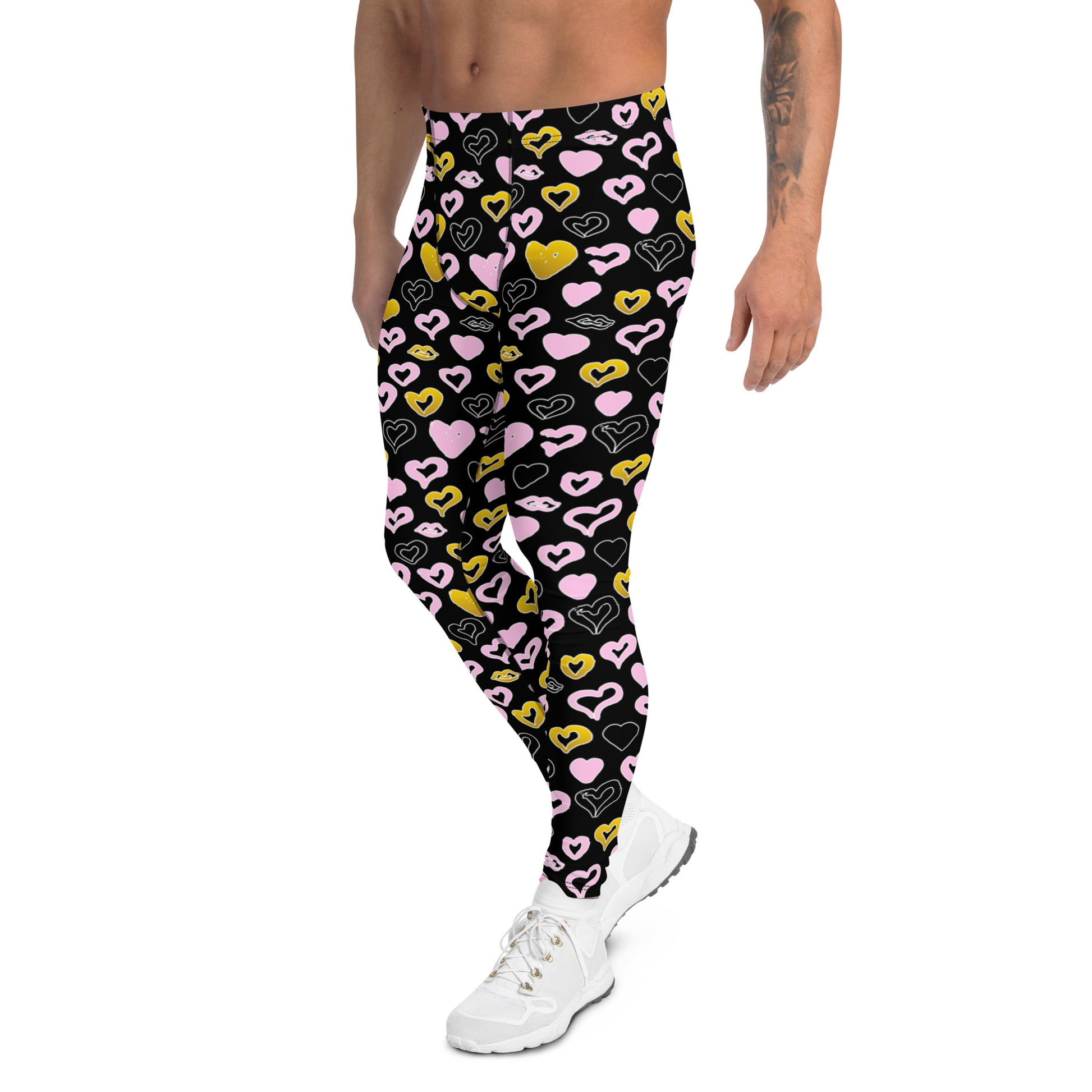 Men's all-over print leggings with white background, right-side view alternate angle.