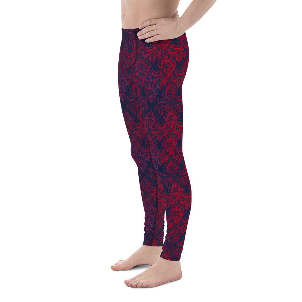 Men's all-over print leggings with white background, right-side view alternate angle.