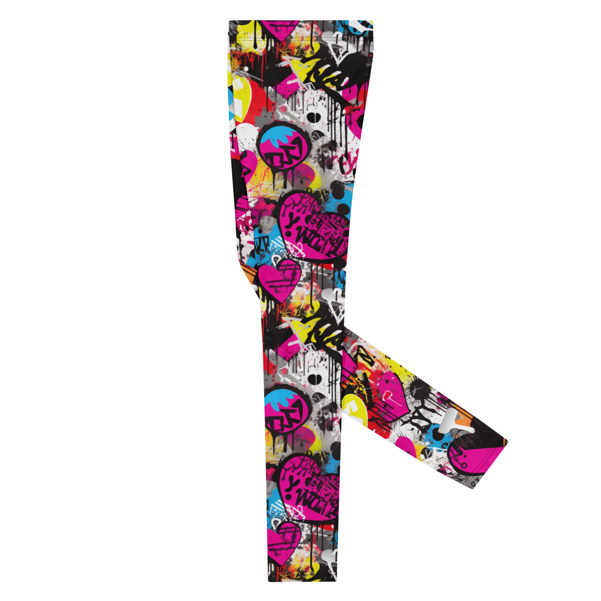 Men's all-over print leggings with white background, right-side view alternate angle.