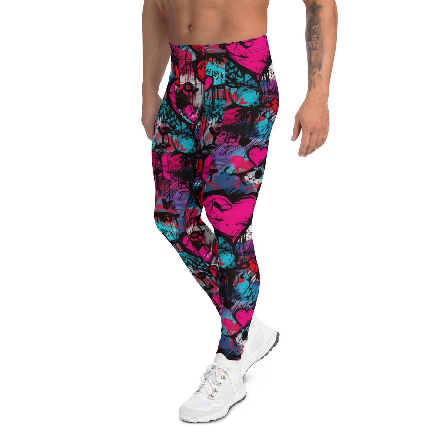 Men's Dance Leggings, Red Graffiti Hearts, Bold Print, Urban Art Explosion, Street Style, High-Performance Activewear