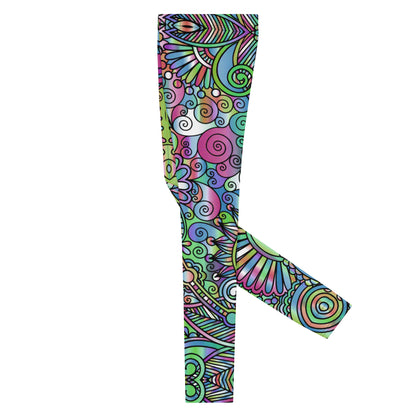 Men's all-over print leggings with white background, left-side view.