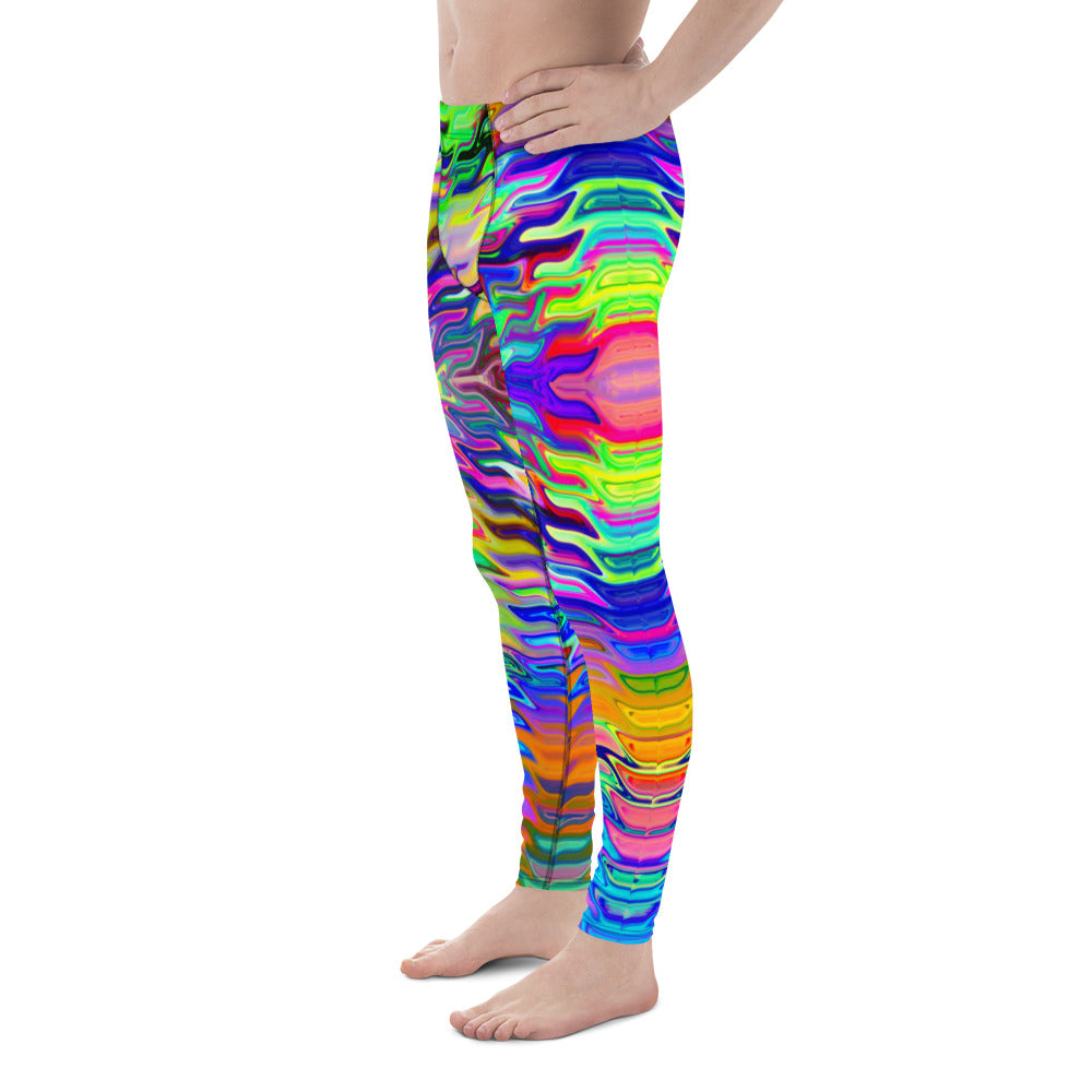 Men's all-over print leggings with white background, full-back view alternate angle.