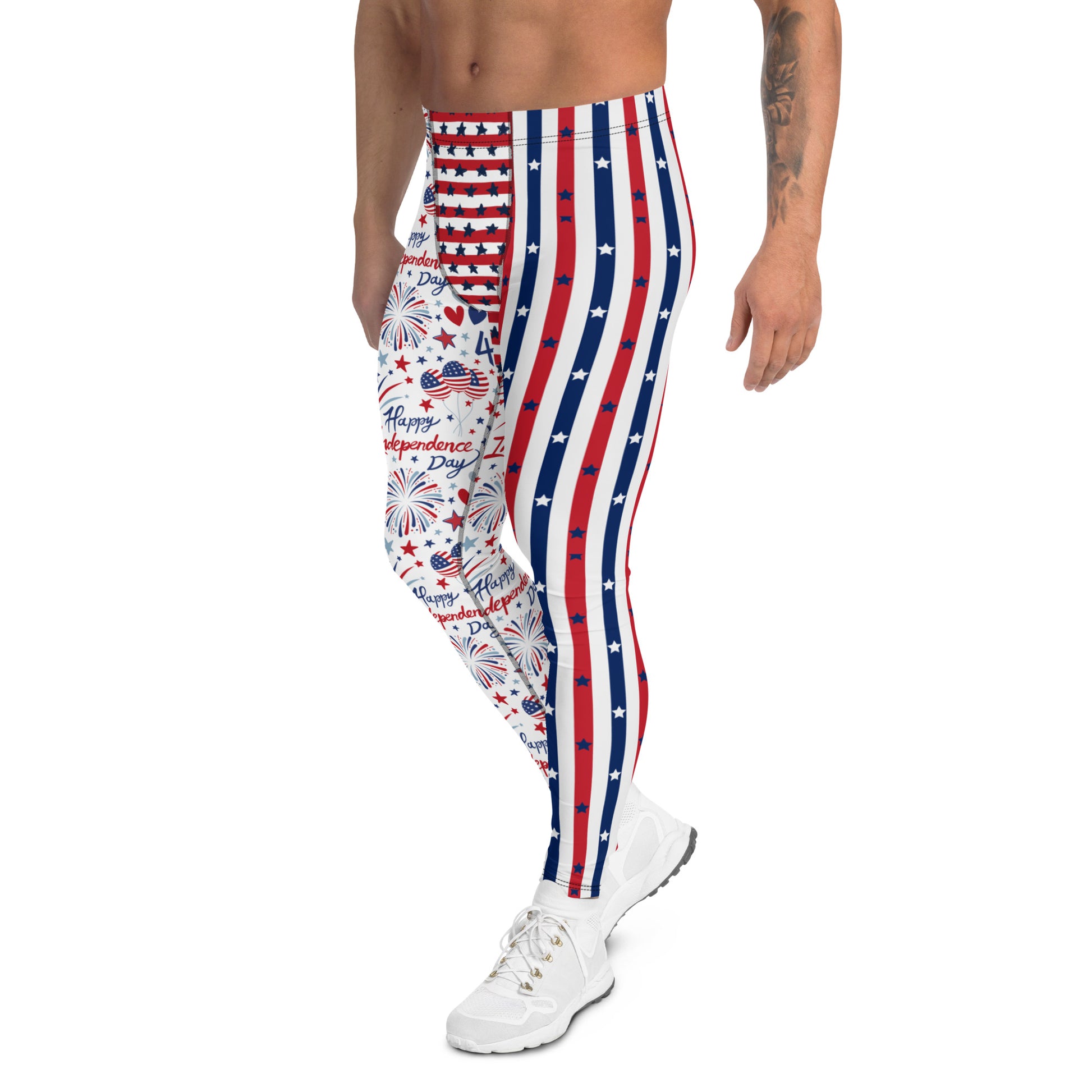 Men's all-over print leggings with white background, right-side view alternate angle.