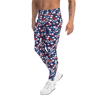 Men's all-over print leggings with white background, right-side view alternate angle.