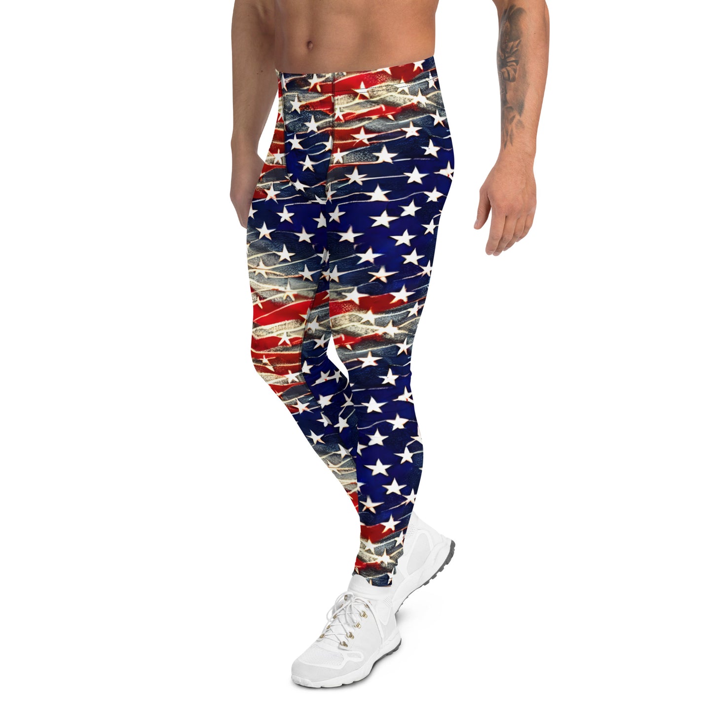 Men's all-over print leggings with white background, left-side view alternate angle.