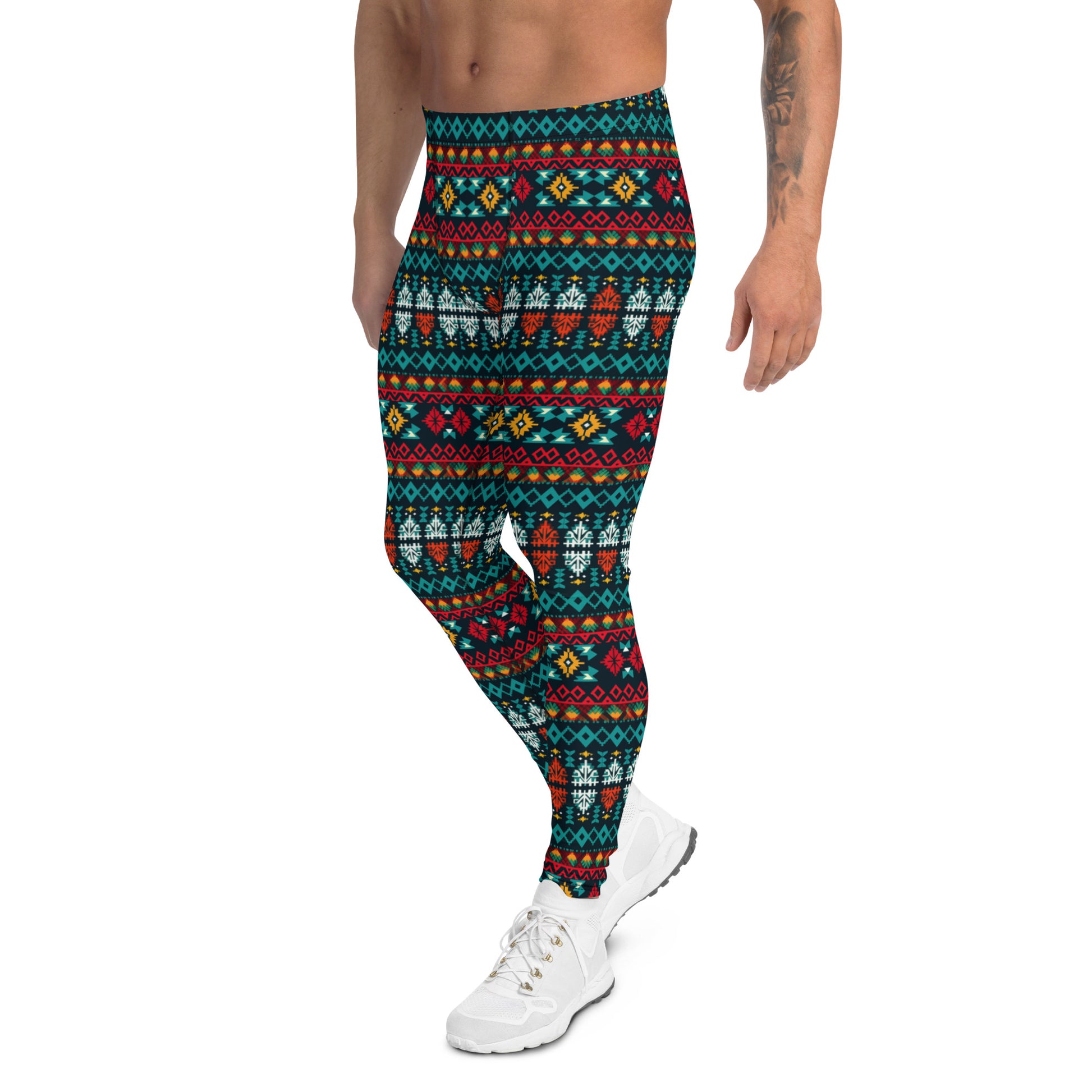 Men's all-over print leggings with white background, right-side view alternate angle.