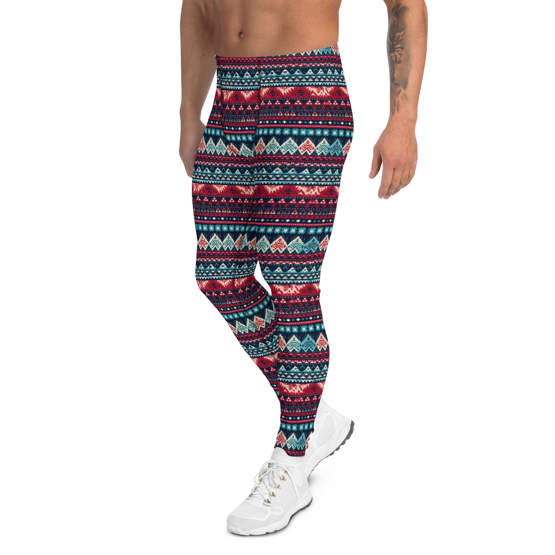 Men's all-over print leggings with white background, left-side view alternate angle.