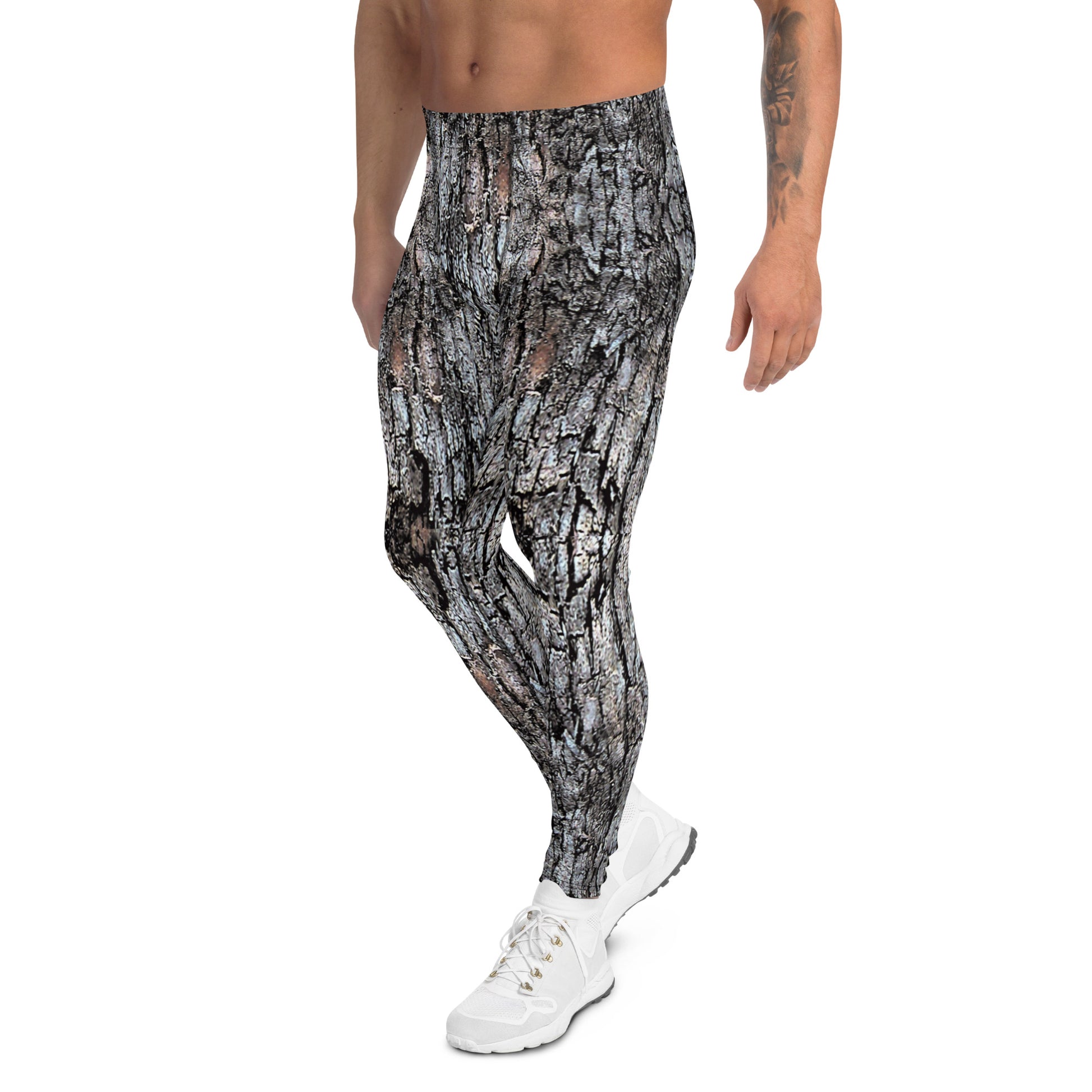 Men's all-over print leggings with white background, right-side view alternate angle.