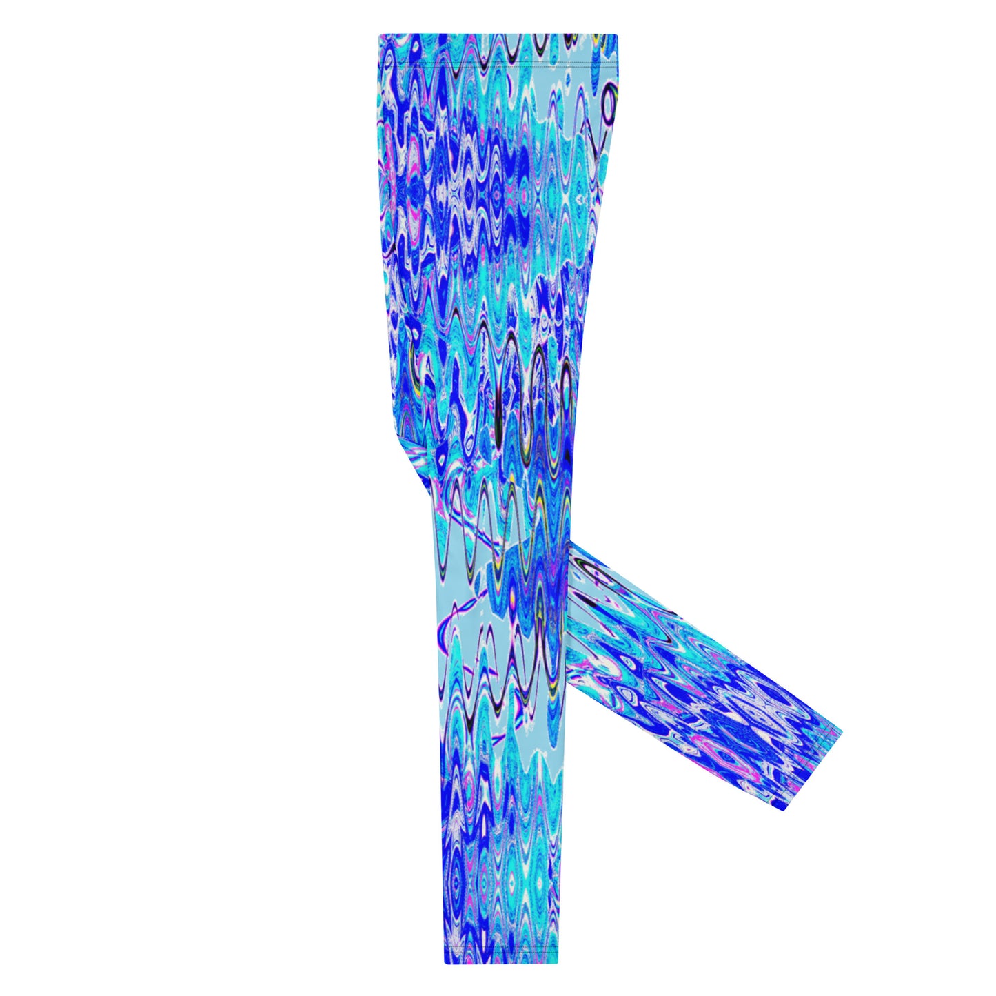 Men's all-over print leggings with white background, right-side view alternate angle.