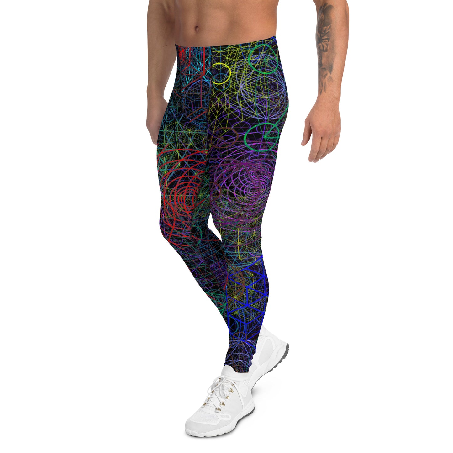 Men's all-over print leggings with white background, full-back view.