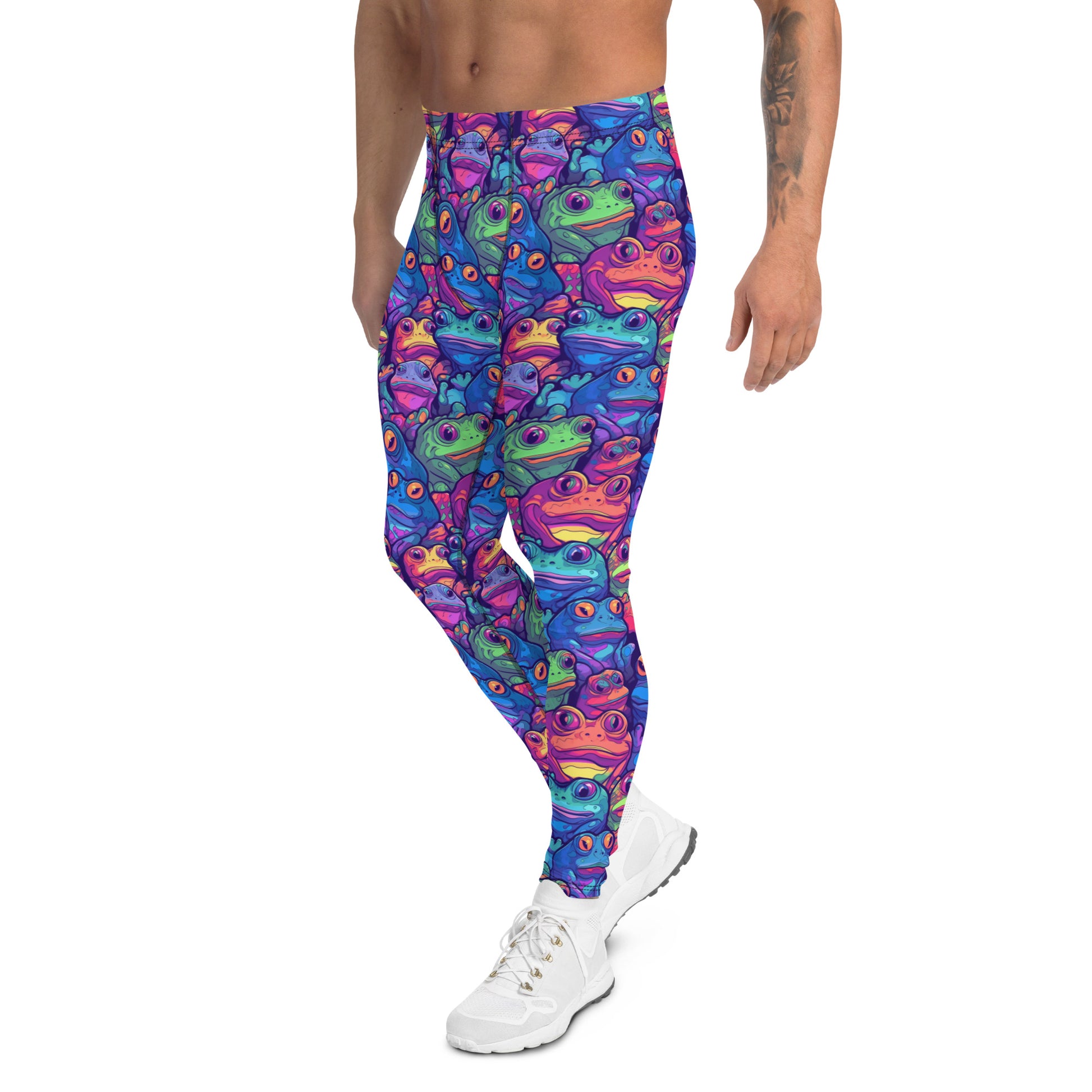 Men's all-over print leggings with white background, left-side view.