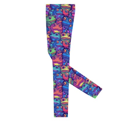 Men's all-over print leggings with white background, left-side view alternate angle.