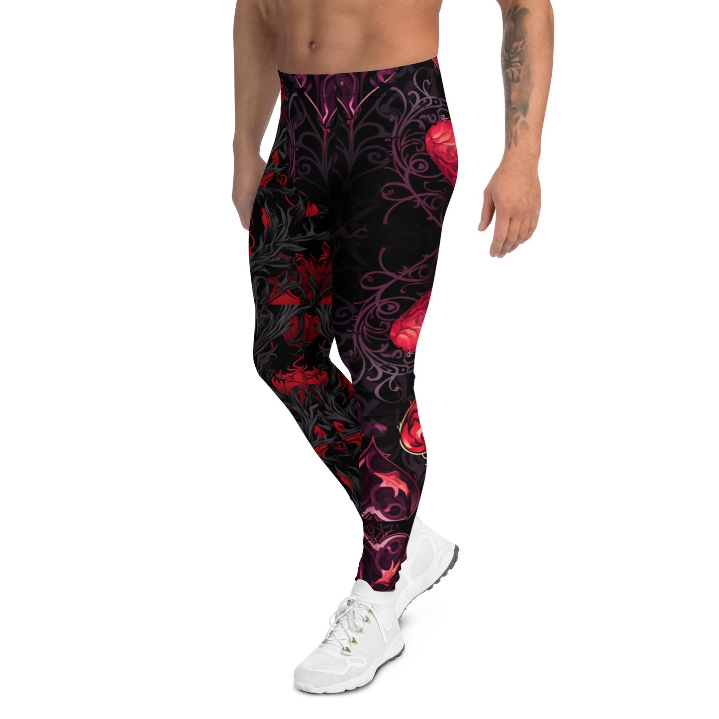 Men's all-over print leggings with white background, left-side view.